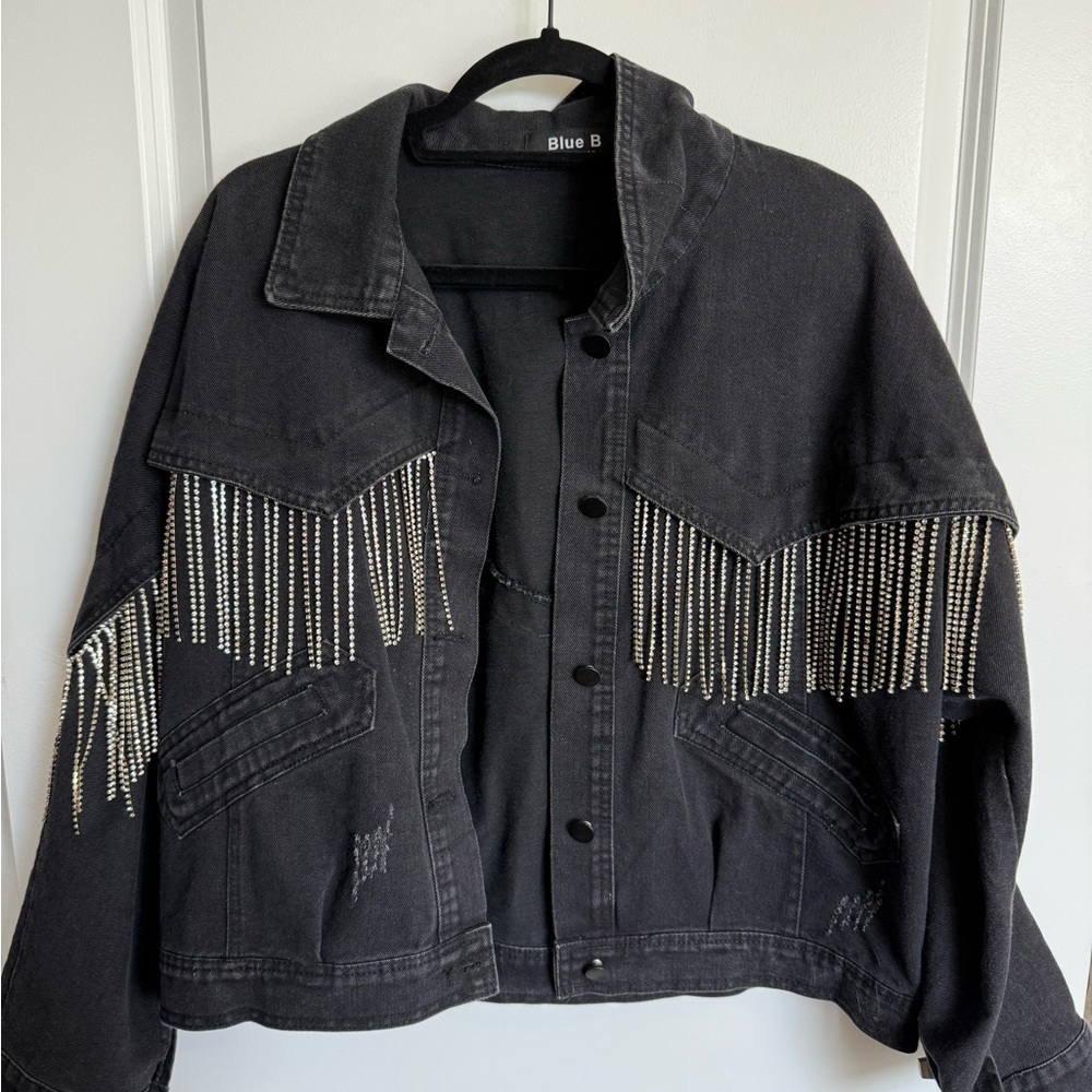 Black Denim Rhinestone Fringe Jacket